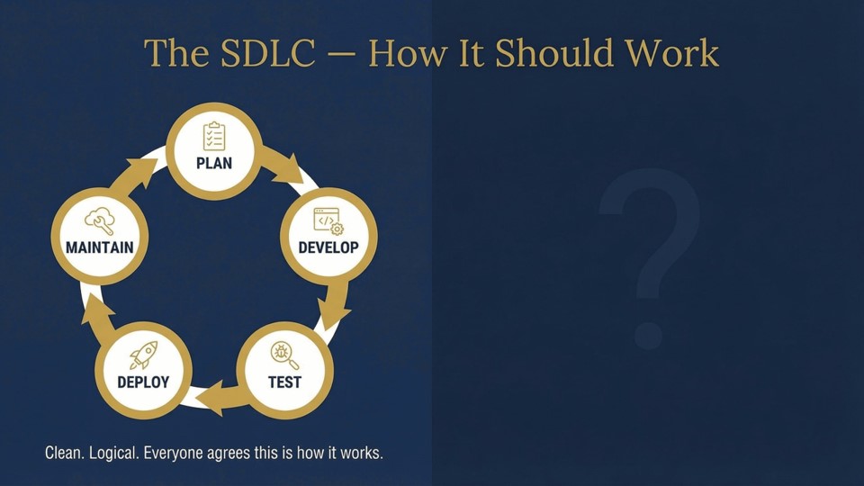 The SDLC: Plan, Build, Test, Deploy, Maintain phases in sequence