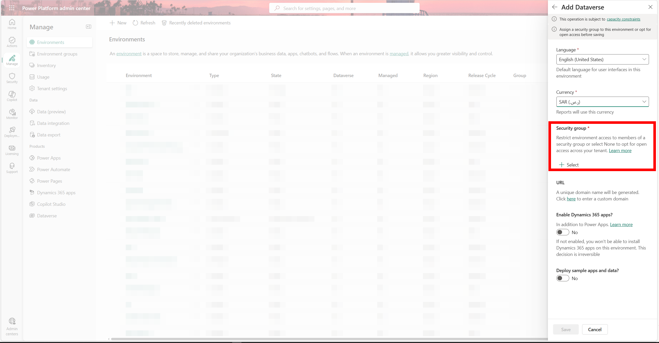 Power Platform Admin Center: Security group field during environment creation